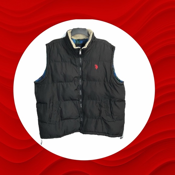 U.S. Polo Assn Black Zip Winter Puffer Vest Faux Fur & Adjustable Bungee Men XL - Picture 1 of 6